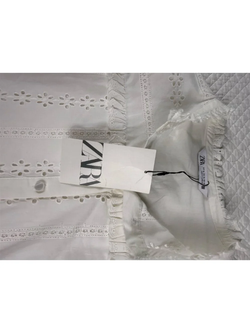 ZARA White Eyelet Ruffled Long Sleeve Blouse Size XL Cottagecore Boho